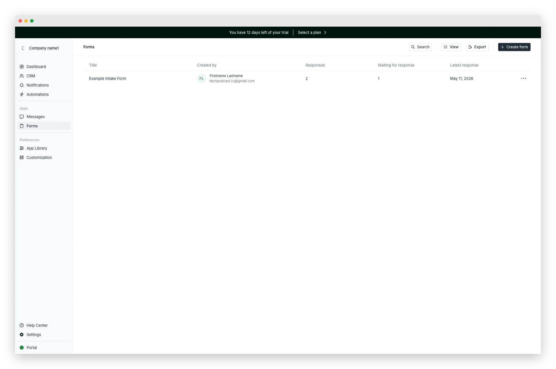 Assembly forms list showing a single 'Example Intake Form' in a sparse table with response counts — no templates, no conditional logic, no multi-step support