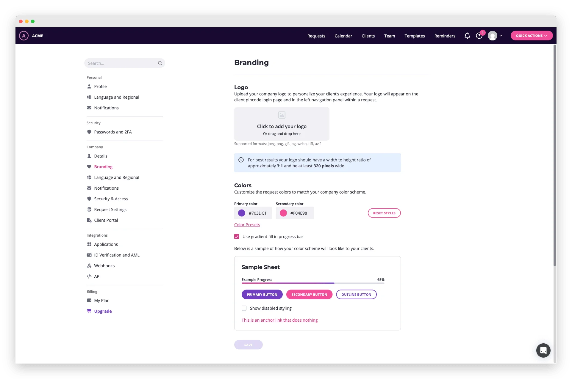 Content Snare branding settings limited to a logo upload and two color pickers — no custom domain, no email branding, and a 'Powered by Content Snare' footer on every client-facing page