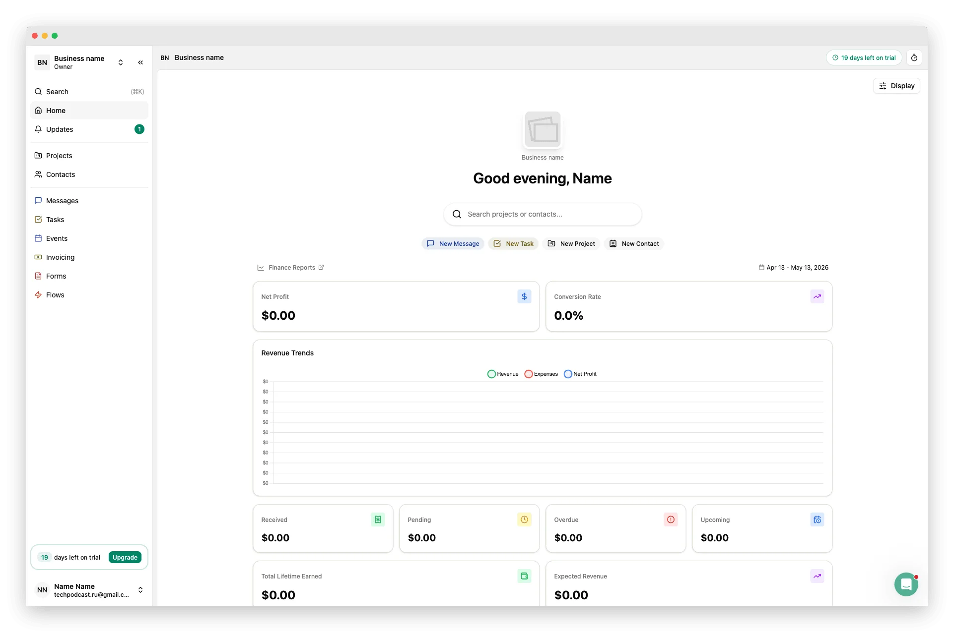 Dubsado 3.0 dashboard showing finance reports with $0.00 across every metric, an empty revenue trends chart, and a 'Good evening, Name' greeting — a CRM built around invoicing, not onboarding