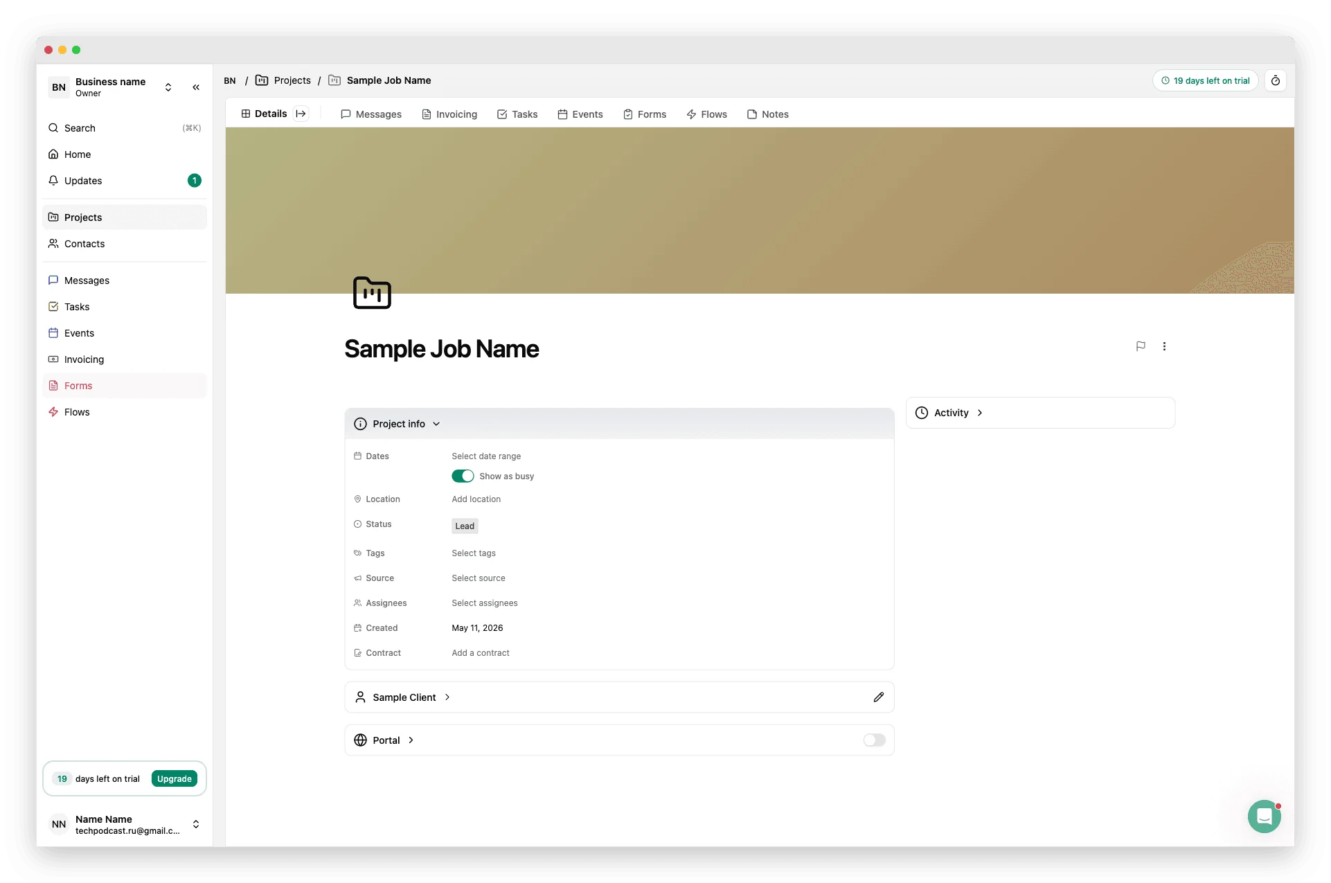 Dubsado 3.0 project detail showing 'Sample Job Name' with eight separate tabs (Details, Messages, Invoicing, Tasks, Events, Forms, Flows, Notes) — clients are scattered across modules