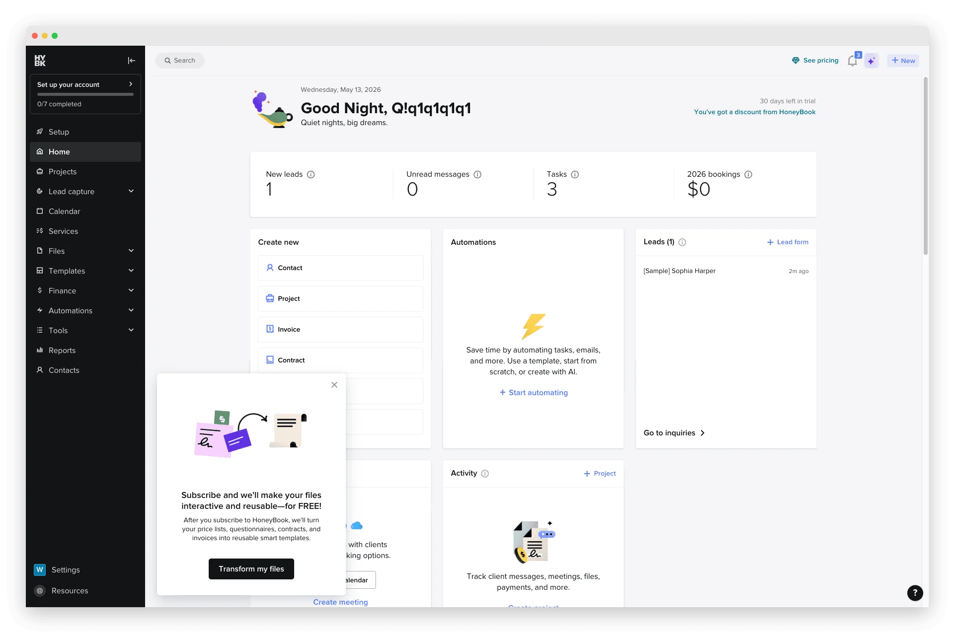 HoneyBook home screen showing CRM metrics (leads, bookings, tasks), invoice templates, and automation prompts — built for sales pipelines, not client onboarding