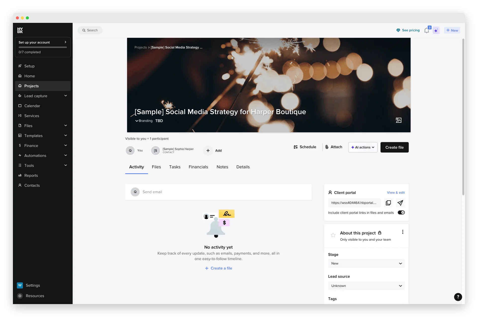 HoneyBook project detail with six separate tabs (Activity, Files, Tasks, Financials, Notes, Details), a client portal toggle, and 'No activity yet' — client info scattered across modules