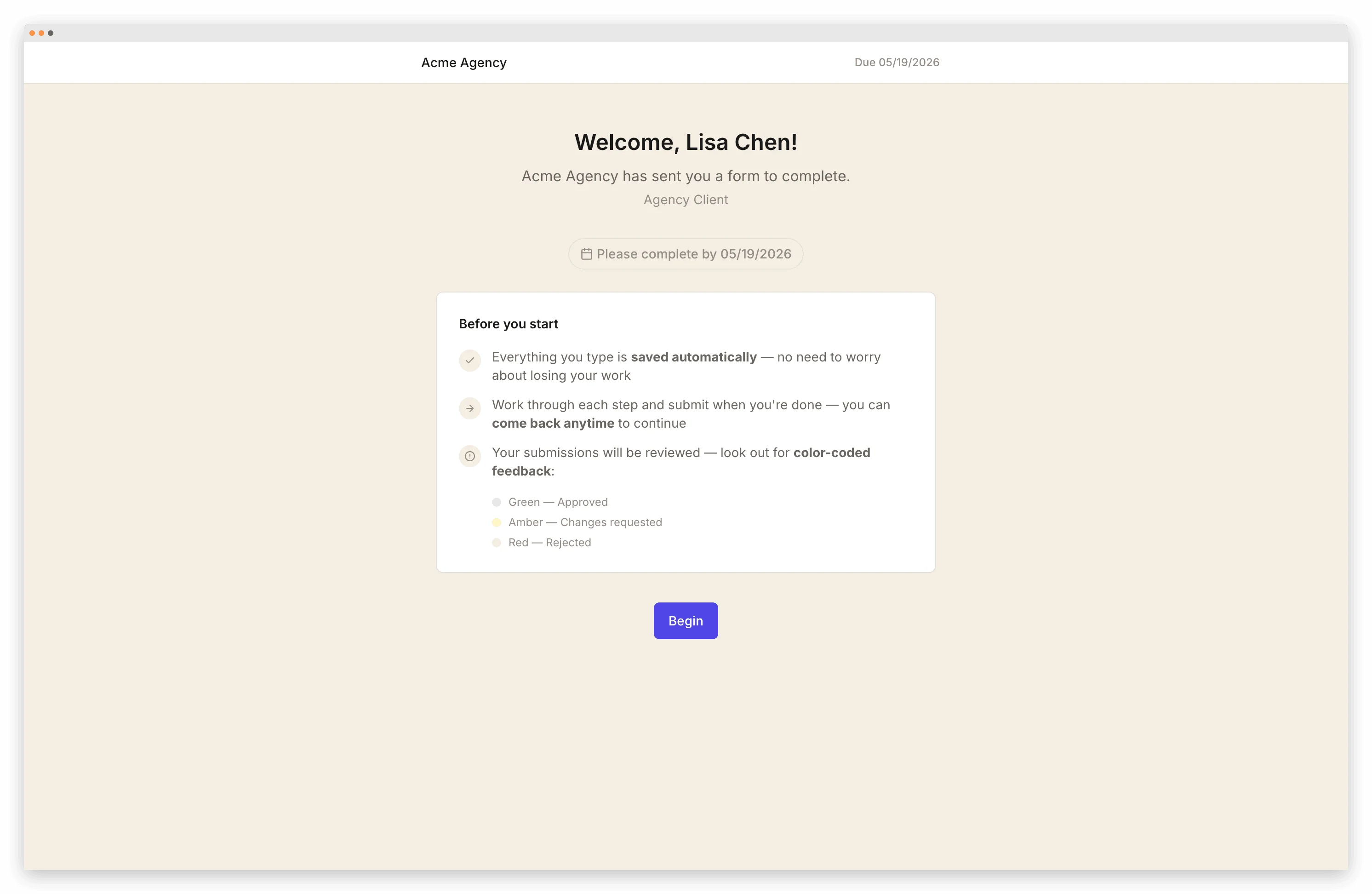 Client portal with onboarding progress